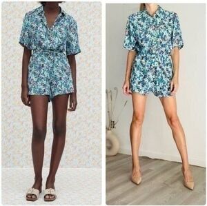 ZARA The Clea Teal Blue Floral Print Romper Jumpsuit Size XL